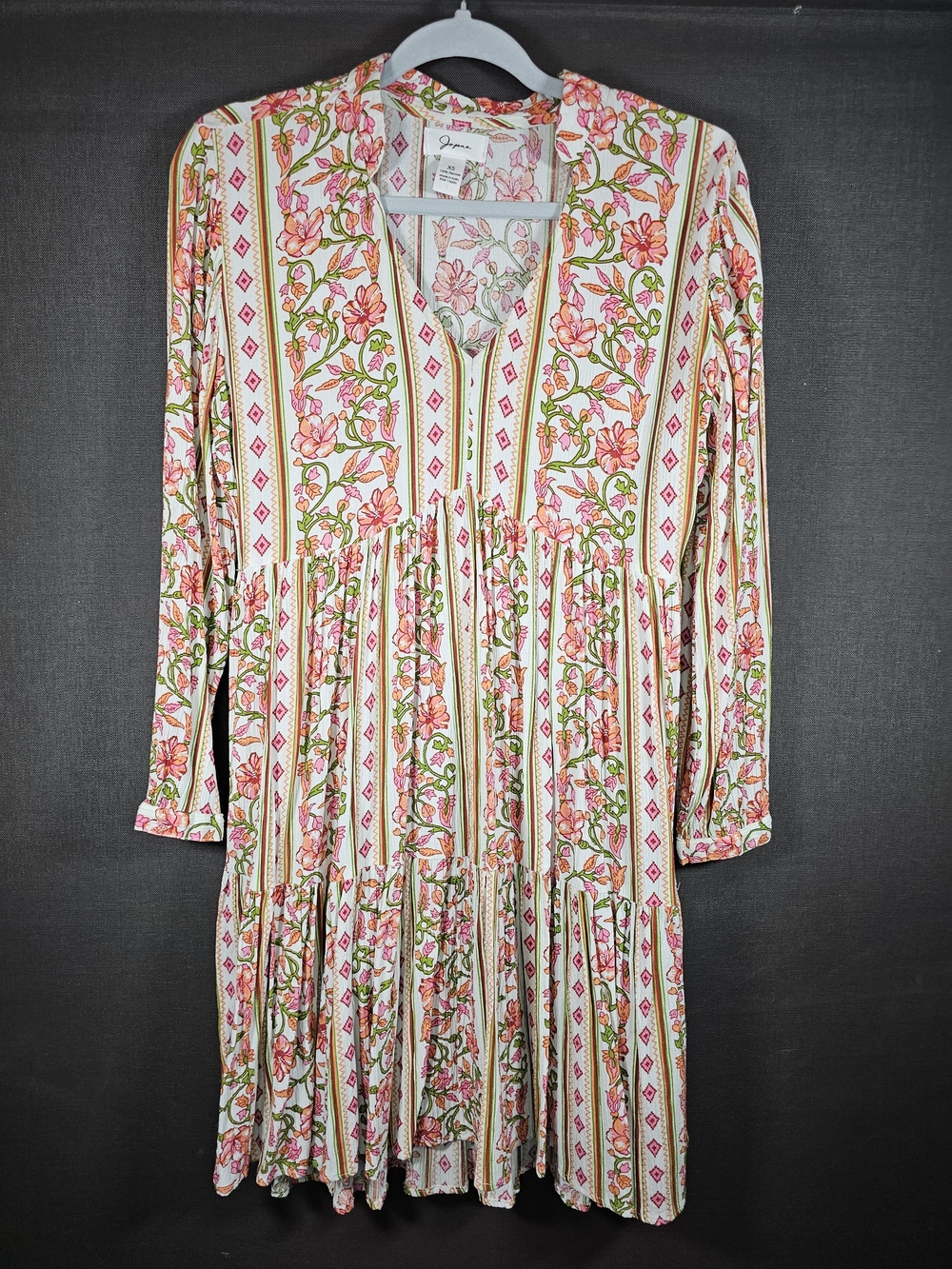 Japna Pink and Cream Floral Tiered V-Neck Long Sleeve Dress